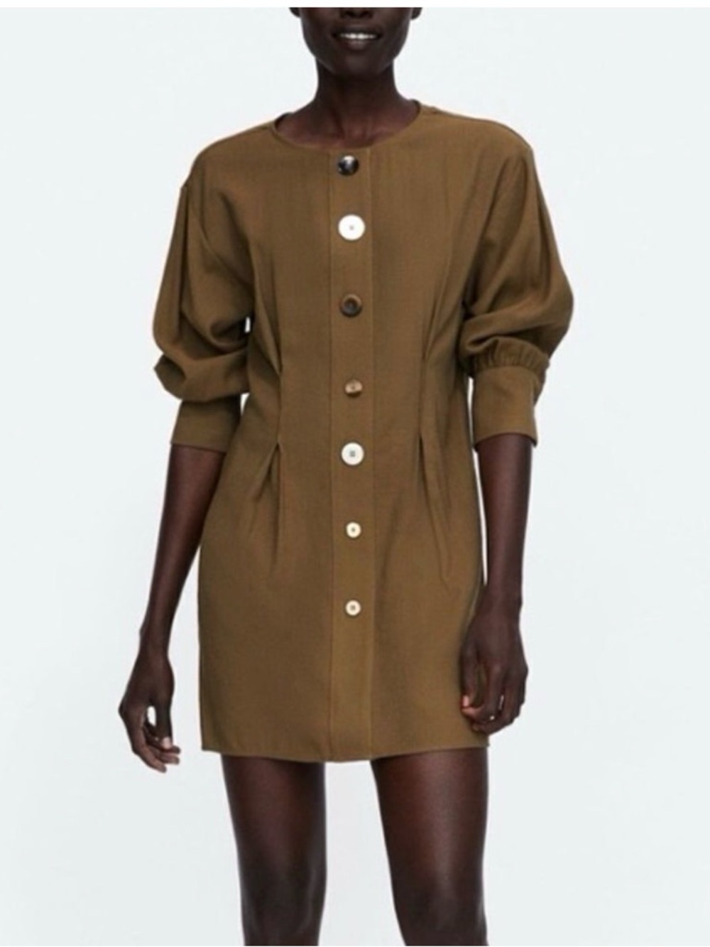 ZARA Khaki Pleated Dress with Buttons Size M‎ Green Long Sleeve Tunic Length NWT